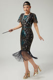 Vestido negro brillante con flecos azules de la década de 1920 con mangas cortas