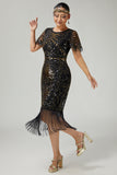 Vestido negro brillante con flecos azules de la década de 1920 con mangas cortas