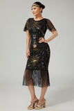 Vestido negro brillante con flecos azules de la década de 1920 con mangas cortas