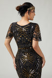 Vestido negro brillante con flecos azules de la década de 1920 con mangas cortas