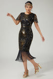 Vestido negro brillante con flecos azules de la década de 1920 con mangas cortas