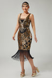 Vestido negro dorado de lentejuelas de la década de 1920 con flecos
