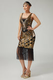 Vestido negro dorado de lentejuelas de la década de 1920 con flecos