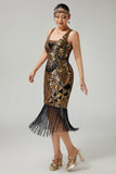 Vestido negro dorado de lentejuelas de la década de 1920 con flecos