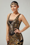 Vestido negro dorado de lentejuelas de la década de 1920 con flecos