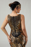 Vestido negro dorado de lentejuelas de la década de 1920 con flecos