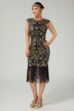 Vestido ajustado con flecos de lentejuelas negro dorado de los años 1920