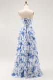 Vestido largo de baile con corsé en capas de flores blancas y azules con abertura
