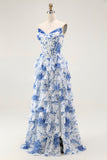 Vestido largo de baile con corsé en capas de flores blancas y azules con abertura