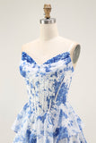 Vestido largo de baile con corsé en capas de flores blancas y azules con abertura
