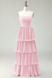Vestido de dama de honor largo plisado sin tirantes de color rosa rubor