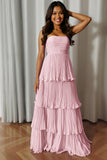 Vestido de dama de honor plisado rosa rubor sin tirantes A-Line