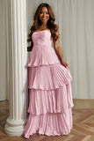 Vestido de dama de honor plisado rosa rubor sin tirantes A-Line