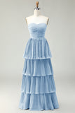 Vestido de dama de honor largo plisado sin tirantes de color rosa rubor