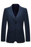 Trajes de 3 piezas con solapa de pico de ajuste delgado y botonadura simple para hombre en azul marino