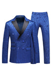 Trajes de hombre cruzados azules de 2 piezas con solapa de pico de jacquard