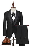 Trajes negros de 3 piezas con solapa de pico para hombre de corte delgado