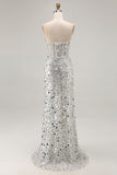 Vestido largo de fiesta de sirena con corsé sin tirantes plateado brillante con abertura