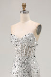 Vestido largo de fiesta de sirena con corsé sin tirantes plateado brillante con abertura