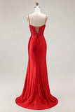 Vestido largo de fiesta plisado con tirantes finos de sirena dorada con abertura