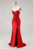 Vestido largo de fiesta plisado con tirantes finos de sirena dorada con abertura
