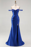 Vestido largo de fiesta con corsé de sirena azul real con hombros descubiertos y cuentas