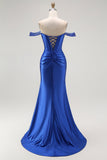 Vestido largo de fiesta con corsé de sirena azul real con hombros descubiertos y cuentas