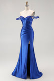 Vestido largo de fiesta con corsé de sirena azul real con hombros descubiertos y cuentas