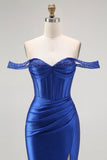 Vestido largo de fiesta con corsé de sirena azul real con hombros descubiertos y cuentas