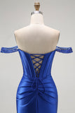 Vestido largo de fiesta con corsé de sirena azul real con hombros descubiertos y cuentas