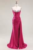 Vestido largo de fiesta plisado con cuentas de sirena fucsia brillante con abertura