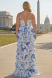Corsé largo de talla grande de talla grande de talla largo de talla en forma de línea blanca azul y floral vasco