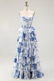 Corsé largo de talla grande de talla grande de talla largo de talla en forma de línea blanca azul y floral vasco