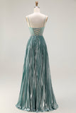 Vestido largo de baile plisado con cuentas en forma de A en gris metálico y verde con abertura
