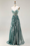 Vestido largo de baile plisado con cuentas en forma de A en gris metálico y verde con abertura