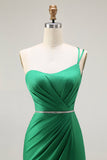 Vestido largo de fiesta con cuentas de sirena de un hombro en verde oscuro con abertura
