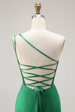 Vestido largo de fiesta con cuentas de sirena de un hombro en verde oscuro con abertura