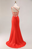 Vestido largo de fiesta con cuentas de sirena naranja de un hombro con abertura