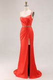 Vestido largo de fiesta con cuentas de sirena naranja de un hombro con abertura