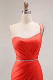 Vestido largo de fiesta con cuentas de sirena naranja de un hombro con abertura