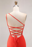 Vestido largo de fiesta con cuentas de sirena naranja de un hombro con abertura