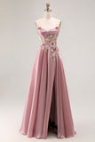 Vestido largo de baile con apliques en gris y rosa Sweetheart A Line con abertura