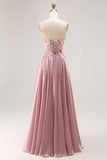 Vestido largo de baile con apliques en gris y rosa Sweetheart A Line con abertura