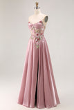 Vestido largo de baile con apliques en gris y rosa Sweetheart A Line con abertura