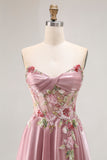 Vestido largo de baile con apliques en gris y rosa Sweetheart A Line con abertura