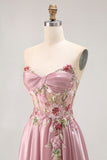 Vestido largo de baile con apliques en gris y rosa Sweetheart A Line con abertura