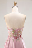 Vestido largo de baile con apliques en gris y rosa Sweetheart A Line con abertura