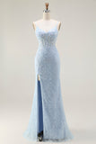 Vestido largo de fiesta con corsé de encaje y tirantes de espagueti de sirena azul con abertura