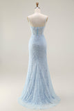 Vestido largo de fiesta con corsé de encaje y tirantes de espagueti de sirena azul con abertura