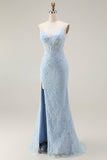Vestido largo de fiesta con corsé de encaje y tirantes de espagueti de sirena azul con abertura